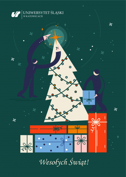 Udekorowana choinka pod którą znajdują się prezenty, dwie osoby, jedna zakłada gwiazdę na czubek choinka, a druga dokłada kolejny prezent, napis: wesołych świąt