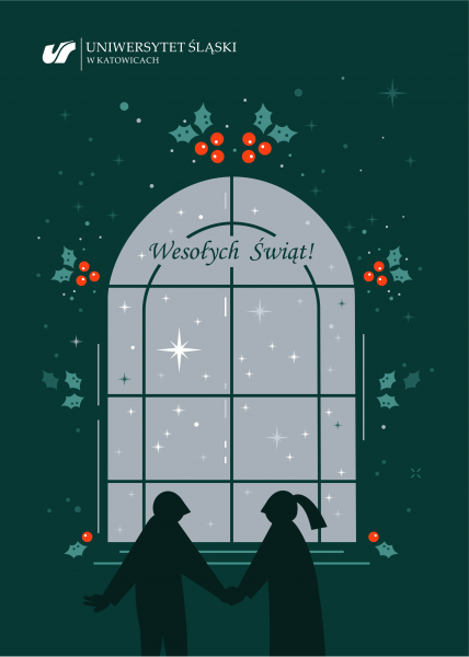 Okno przystrojone ozdobami, za którym widać niebo z gwiazdami oraz dwoje dzieci stojące przed oknem. Napis: wesołych świąt