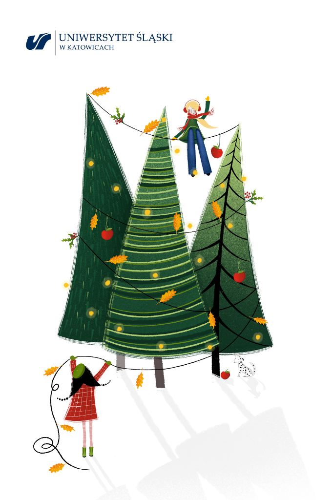 Grafika: choinki ubrane świątecznie, dwójka dzieci, jedno siedzi na linie rozpiętej pomiędzy choinkami, drugie dziecko podaje mu sznur z ozdobami świątecznymi