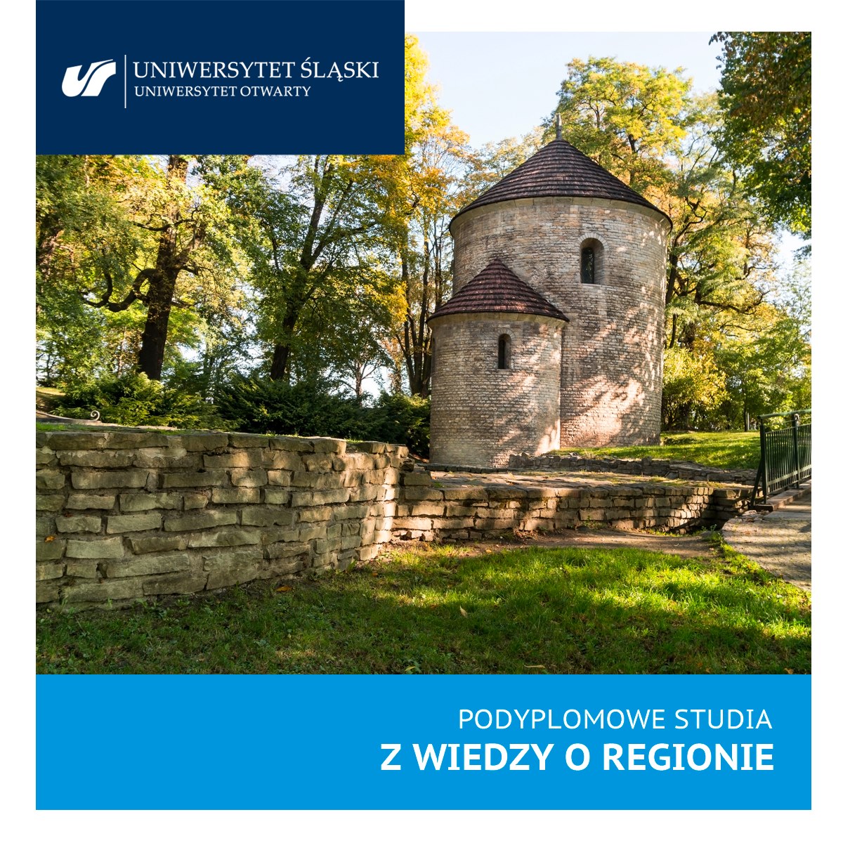 grafika promująca rekrutację na podyplomowe studia wiedzy o regionie - zdjęcie rotundy w Cieszynie