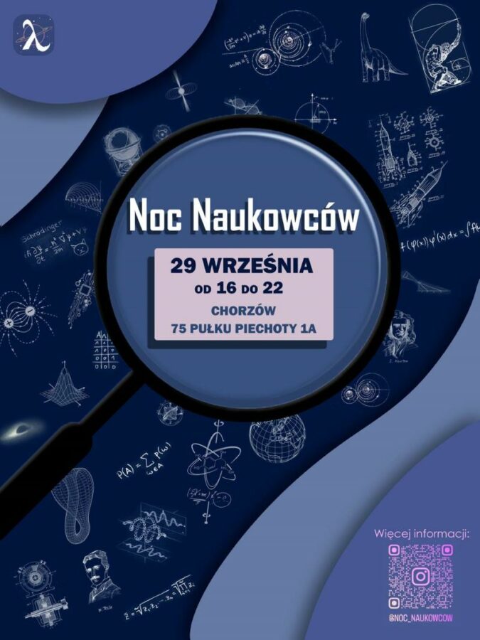 napisy: Noc Naukowców 29 września od 16 do 22. Chorzów 75. Pułku Piechoty 1A