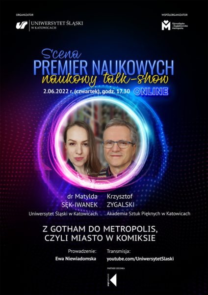 plakat promujący Scenę Premier Naukowych z udziałem dr Matyldy Sęk-Iwanek i Krzysztofa Zygalskiego