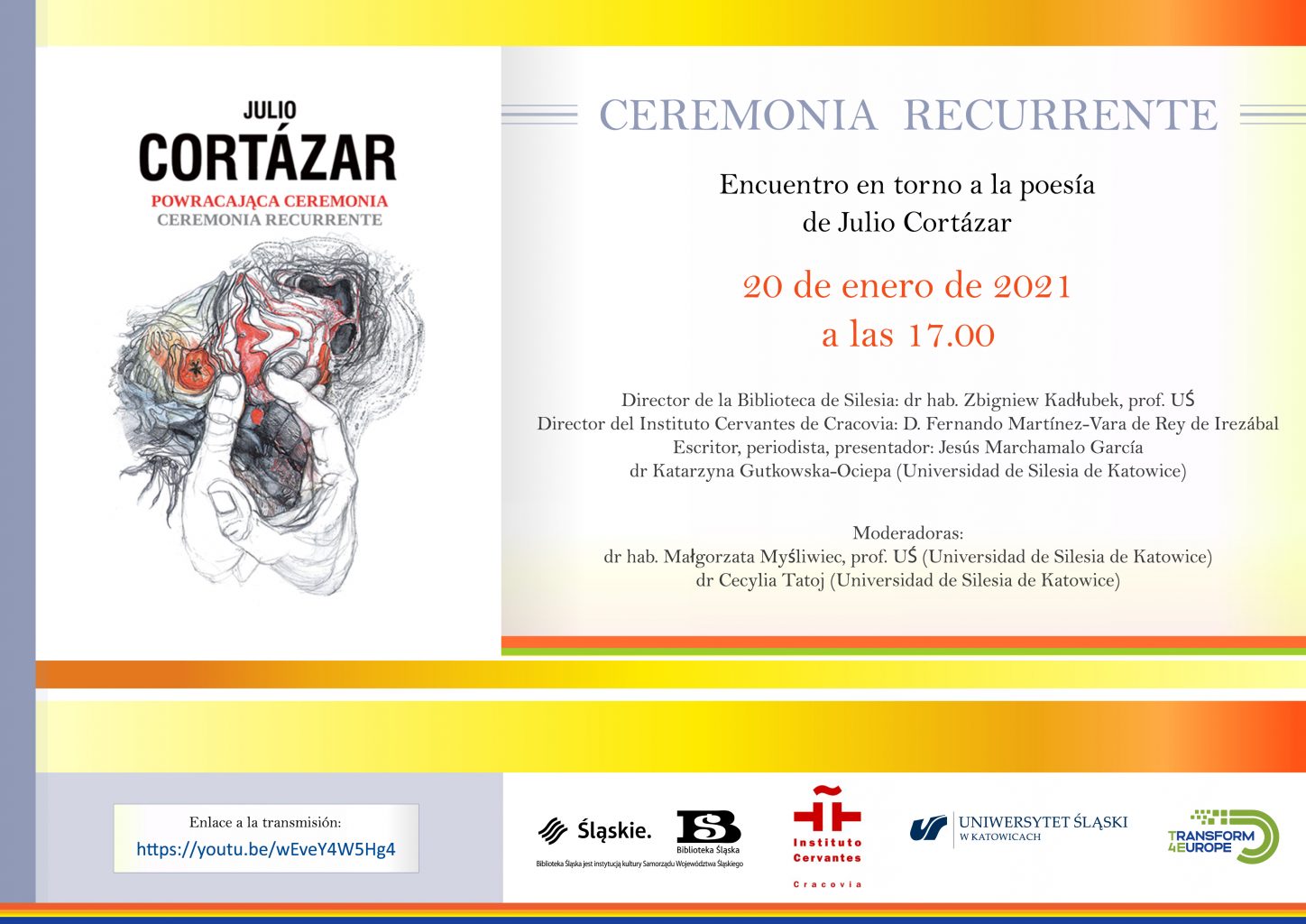 plakat promujący spotkanie wokół książki „Powracająca ceremonia” Julio Cortazara