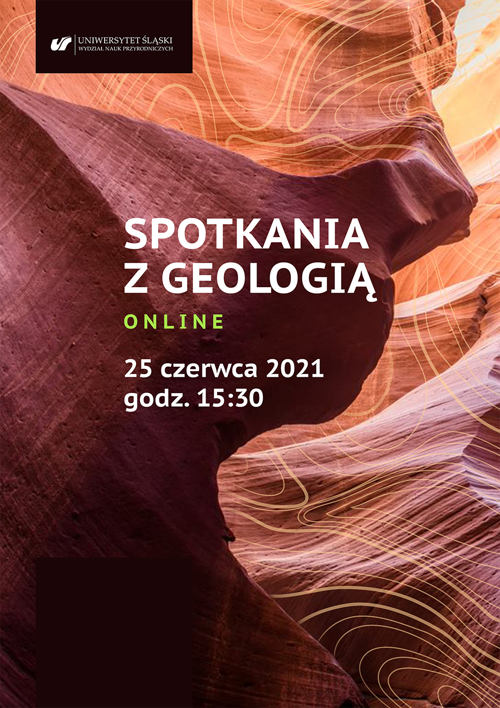 na tle skał logo Wydziału Nauk Przyrodniczych UŚ oraz napis: spotkania z geologią online 25 czerwca 2021 godz. 15.30