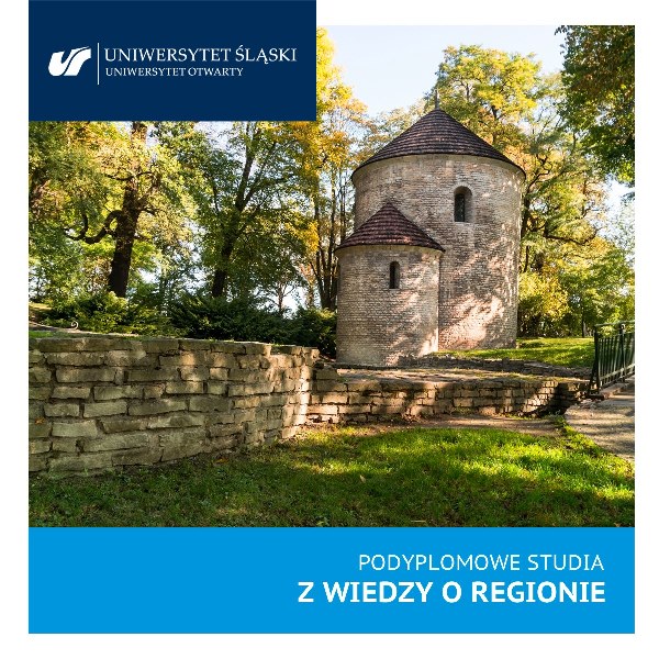 Logo Uniwersytetu Otwartego UŚ, fragment muru oraz baszta, napis: Podyplomowe Studia z Wiedzy o Regionie 