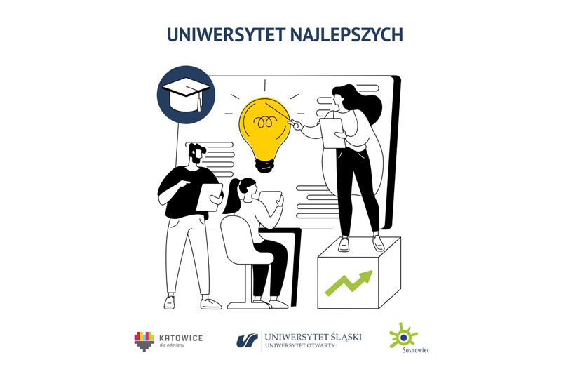 Grafika promująca Uniwersytet Najlepszych, logo Katowice dla odmiany, Uniwersytetu Otwartego w Uniwersytecie Śląskim, miasta Sosnowca