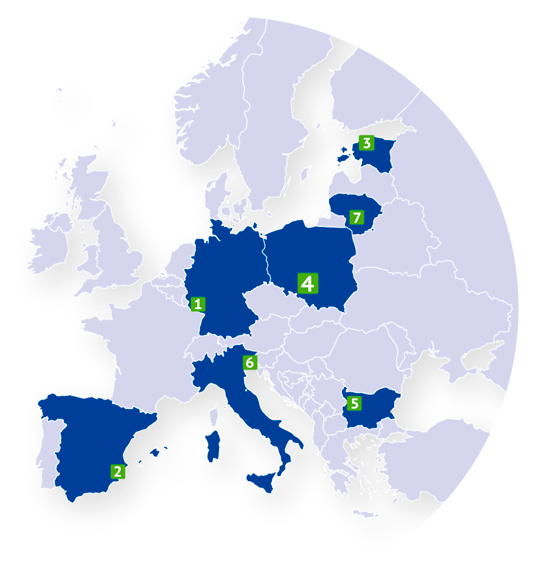 Grafika przedstawiająca mapę Europy wraz z zaznaczonymi siedmioma miastami, w których znajdują się partnerskie Uniwersytety: 1 – Saarland (Niemcy), 2 – Alicante (Hiszpania), 3 – Talin (Estonia), 4 – Katowice (Polska), 5 – Kowno (Bułgaria), 6 – Triest (Włochy), 7 – Kowno (Litwa)