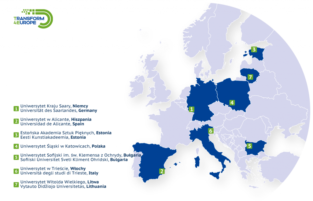 Mapa Europy z zaznaczonymi siedmioma uczelniami tworzącymi konsorcjum Transform4Europe wraz z nazwami uczelni w języku polskim i oryginalnym, właściwym dla danej szkoły wyższej