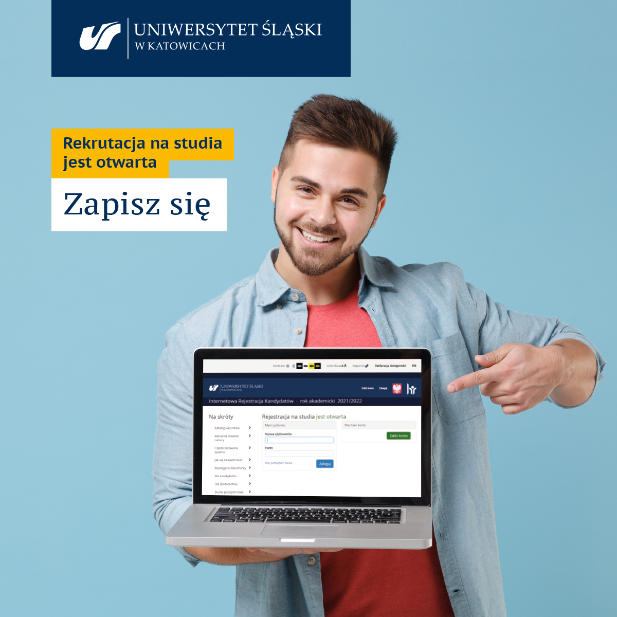 osoba trzymająca laptop, na ekranie strona IRK, napis: rekrutacja na studia jest otwarta, zapisz się