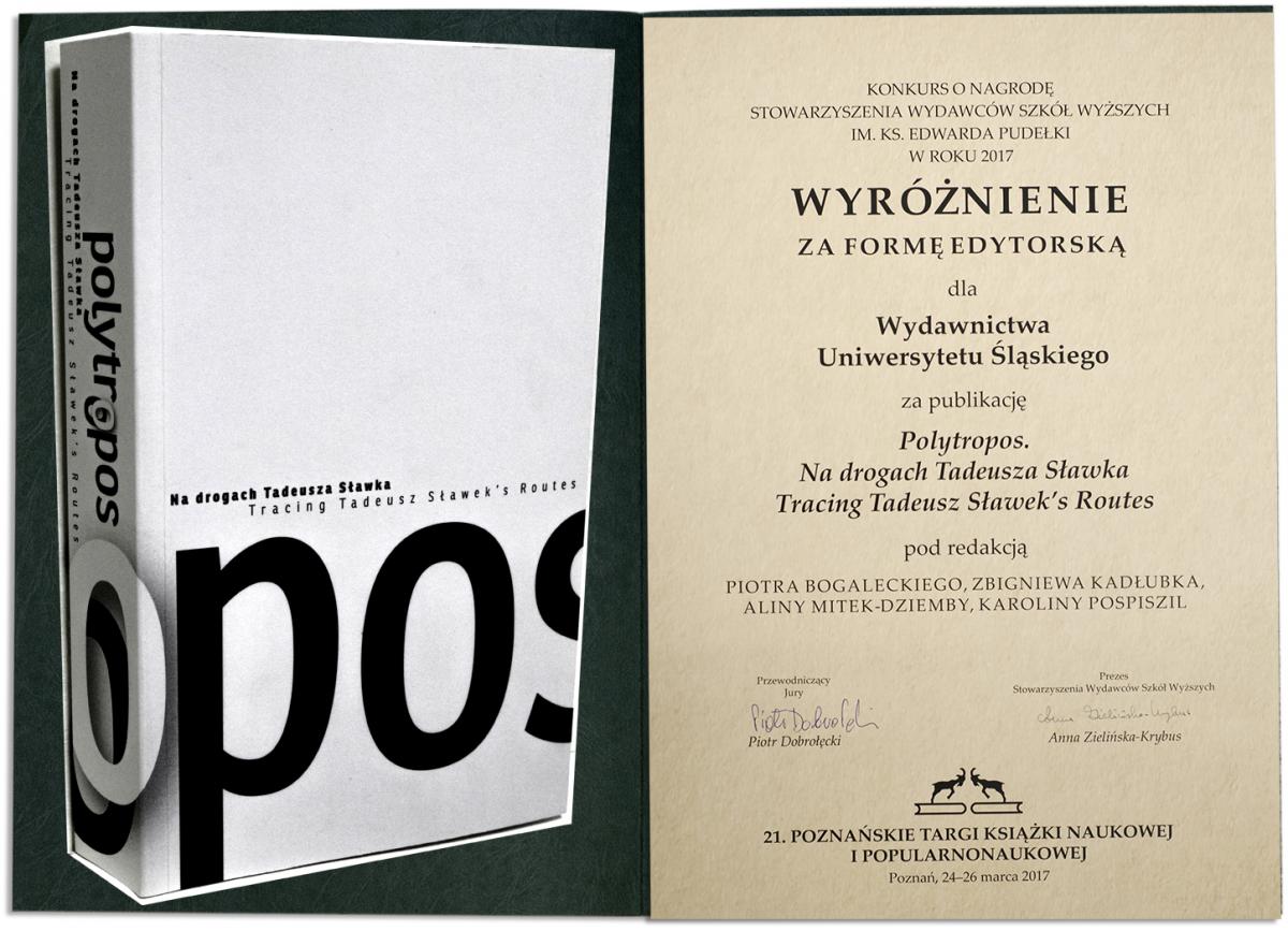 zdjęcie: okładka książki "Polytropos. Na drogach Tadeusza Sławka" oraz dyplomu