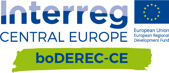 Logo projektu boDEREC-CE – flaga Unii Europejskiej oraz napisy: Interreg Central Europe boDEREC-CE