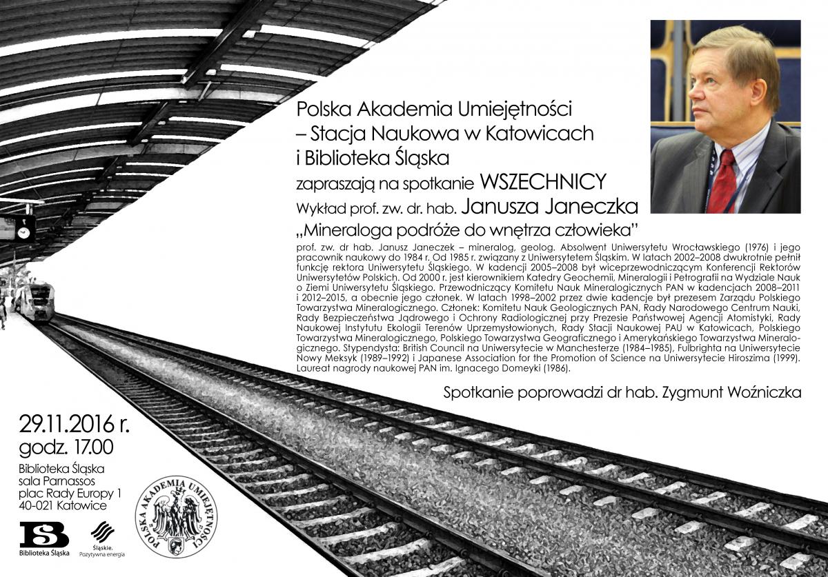 Plakat promujący wykład prof. Janusza Janeczka w ramach Wszechnicy PAU