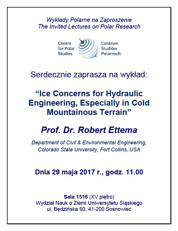 Plakat promujący wykład pt. „Ice Concerns for Hydraulic Engineering, Especially in Cold Mountainous Terrain” zawierający podstawowe dane nt. wydarzenia