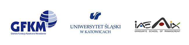 Logotypy organizatorów studiów: Uniwersytetu Śląskiego i Gdańskiej Fundacji Kształcenia Menedżerów oraz IAE Aix-Marselle Graduate School of Management