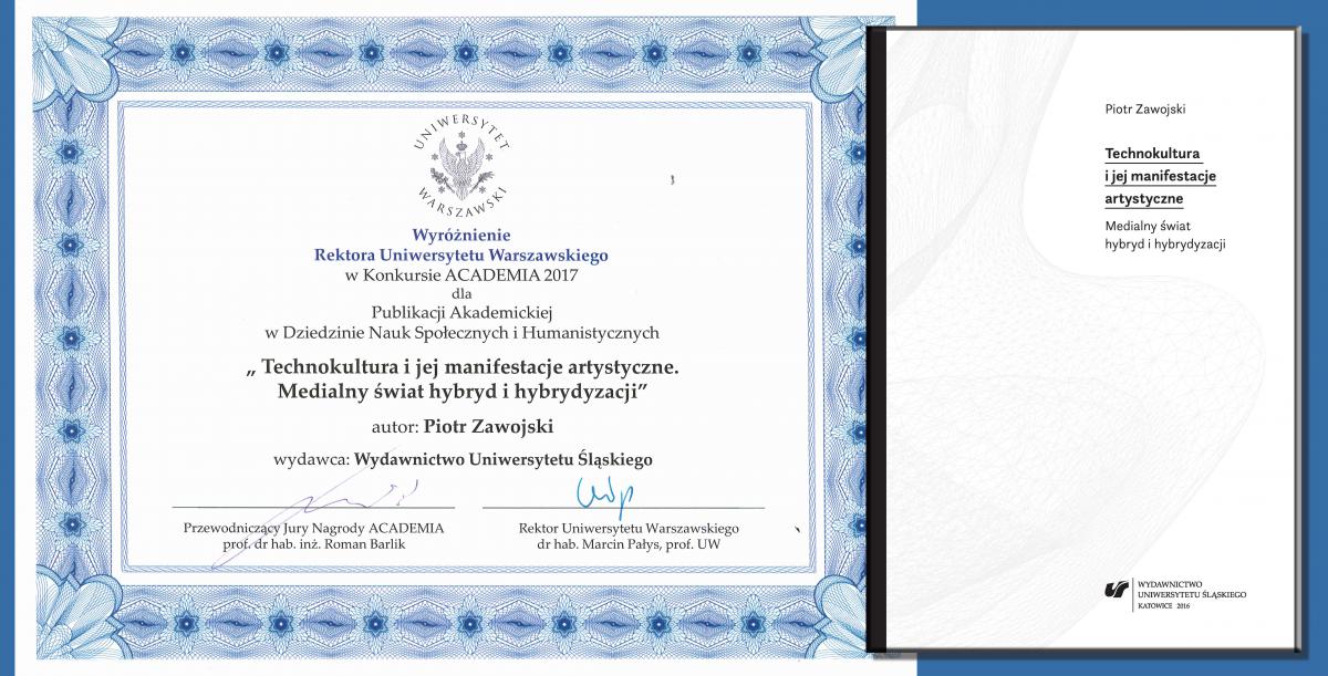 Dyplom zaświadczający wyróżnienie dla prof. Piotra Zawojskiego zawierający nazwę konkursu i podpisy