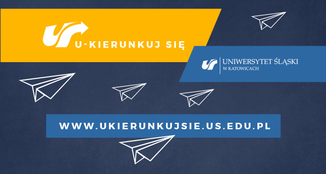 Plakat reklamujący quiz: na granatowym tle hasła: ukierunkuj się, adres strony www.ukierunkujsie.us.edu.pl, logo uczelni oraz grafiki przedstawiające latające samoloty