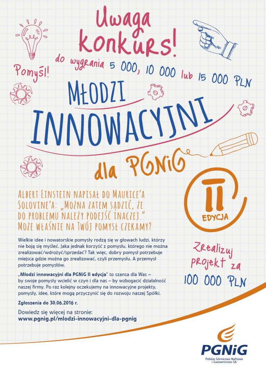 plakat promujący konkurs dla młodych naukowców pt. "Młodzi innowacyjni dla PGNiG"