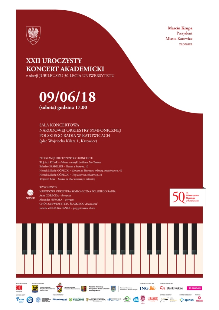 Afisz - koncert akademicki z okazji 50-lecia jubileuszu Uniwersytetu Śląskiego 