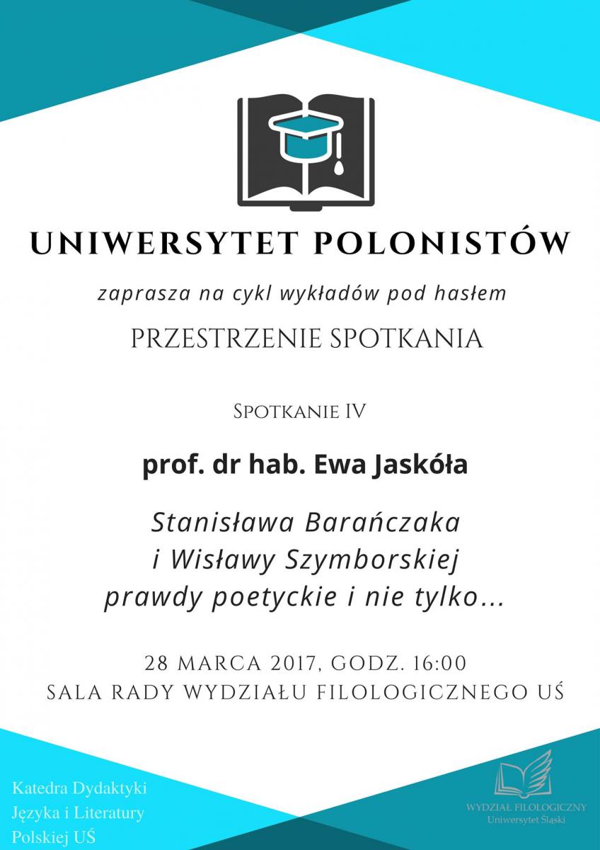 Plakat promujący wykład prof. Ewy Jaskóły w ramach Uniwersytetu Polonistów, zawierający szczegółowe dane spotkania
