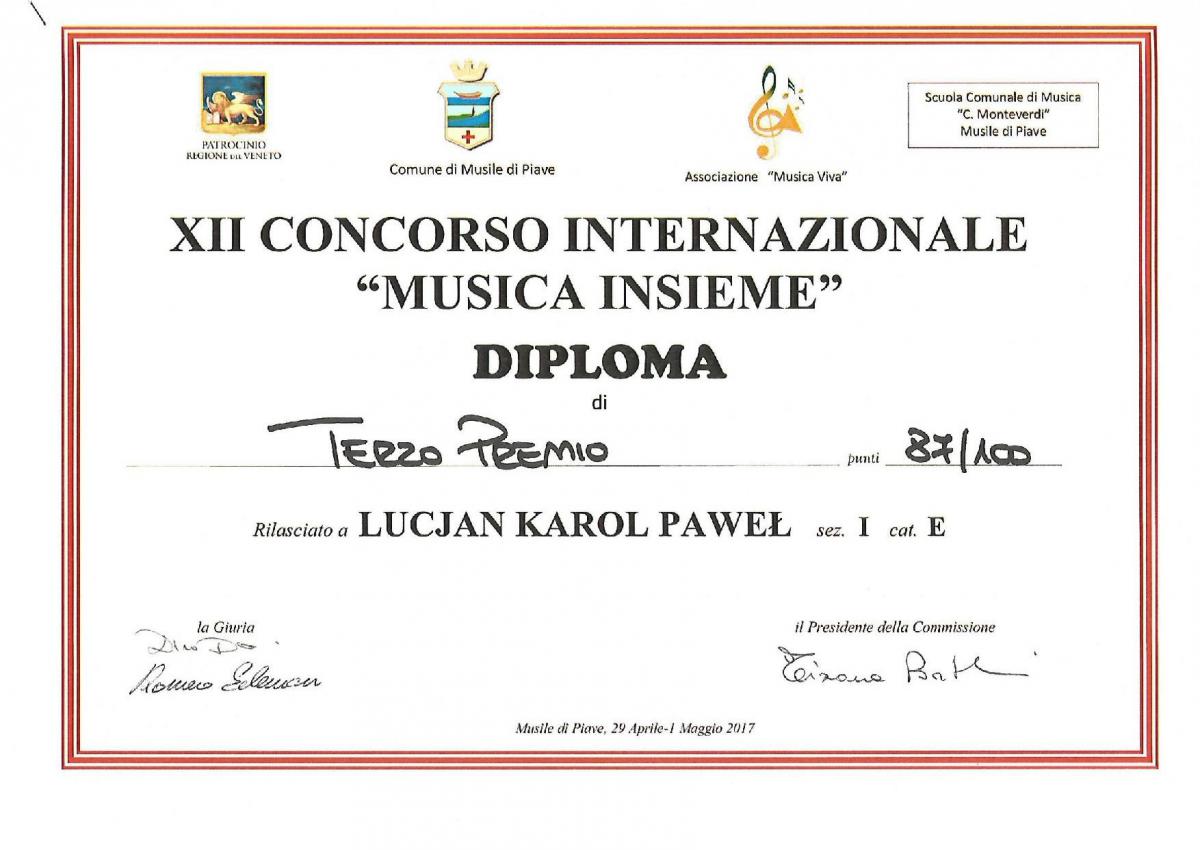 Dyplon dla Lucjana Karola za zajęcie I miejsca w międzynarodowym konkursie muzycznym „Musica Insieme”