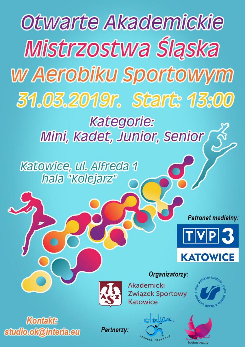 plakat promujący VI Otwarte Akademickie Mistrzostwa Śląska w aerobiku sportowym oraz mistrzostwa dzieci i młodzieży z postacią gimnastyczki i najważniejszymi informacjami nt. wydarzenia. Plakat w przeważającym kolorze niebieskim