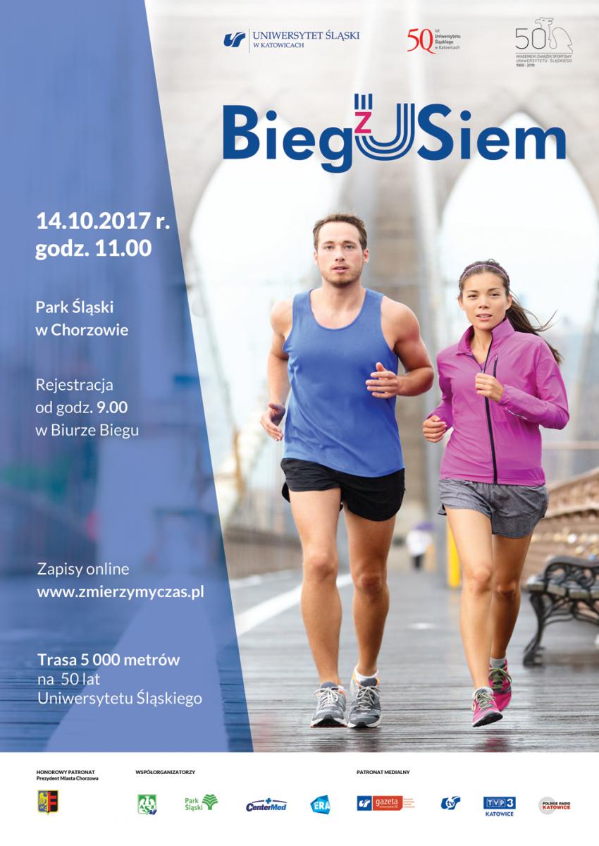 Plakat promujący 4. edycje "Bieg(z)USiem pod Egidą" ze zdjęciem dwójki biegaczy oraz podstawowymi danymi n. wydarzenia (czas, miejsce, trasa biegu, link do zapisów, godziny rejestracji)