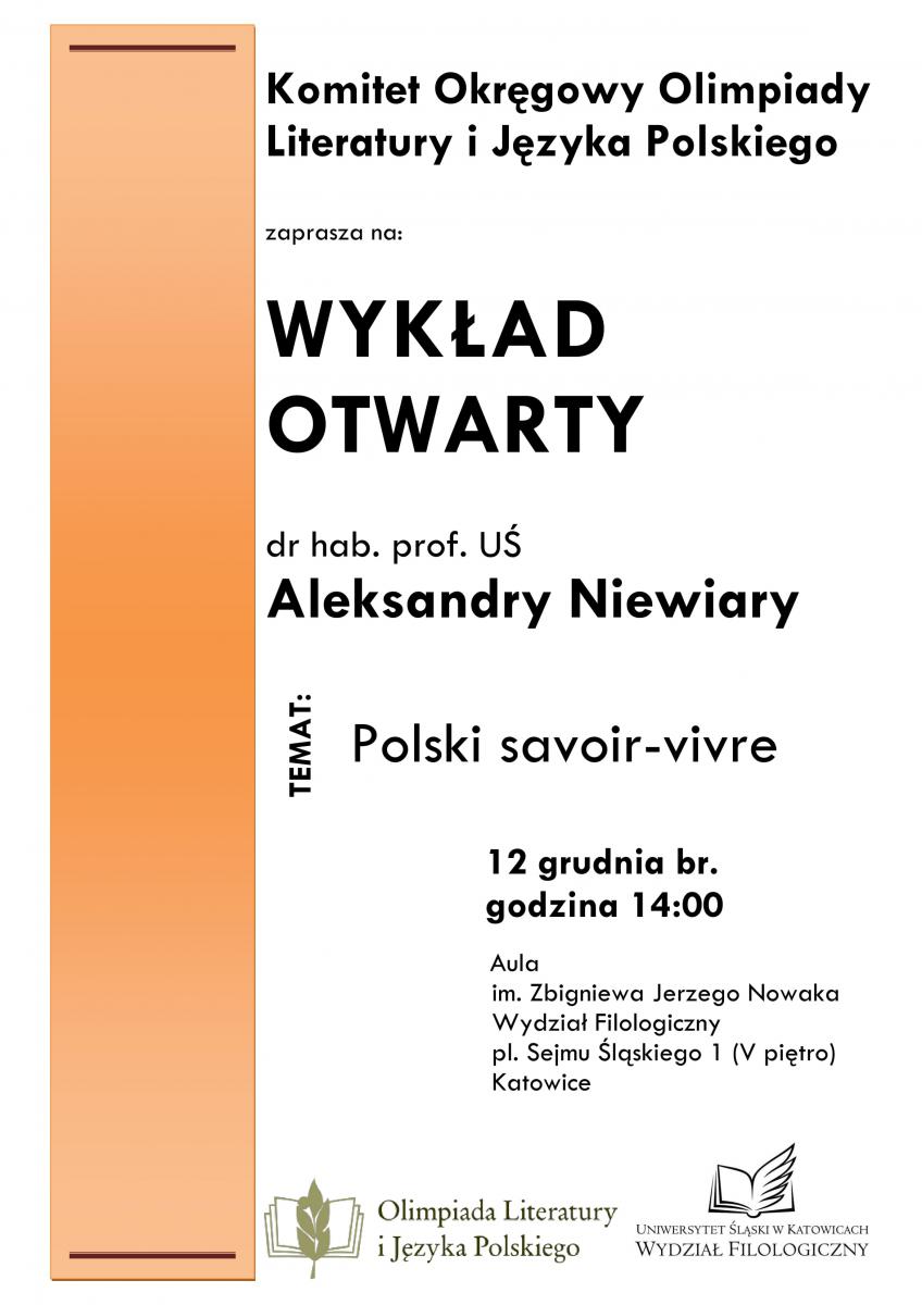 Plakat promujący wykład prof. Aleksandry Niewiary
