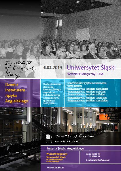 plakat promujący dzień z Instytutem Języka Angielskiego - zdjęcie dużej grupy uczniów, program wydarzenia, dane teleadresowe IJA 