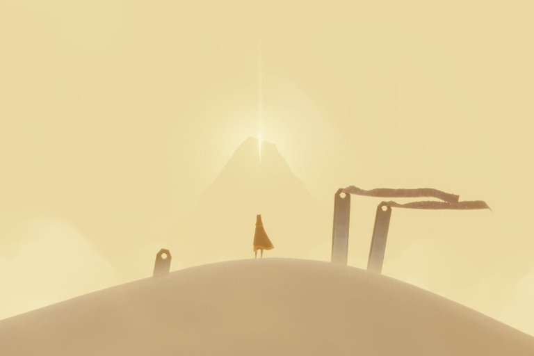 Zrzut ekranu z gry: piasek, dwie postaci oraz góra na horyzoncie