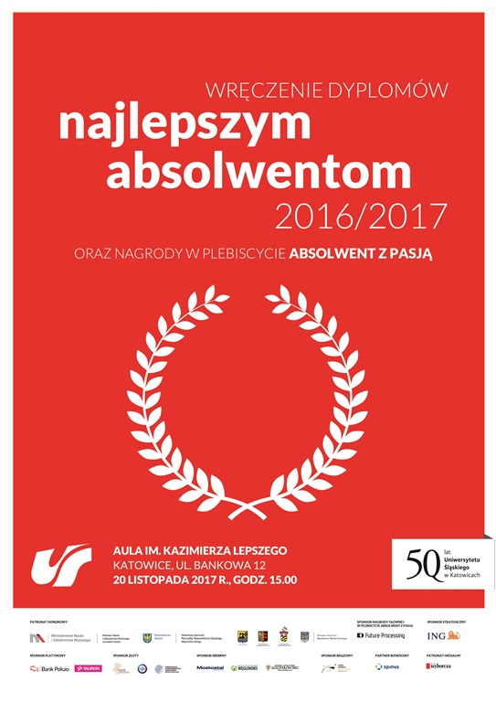 Plakat plebiscytu "Absolwent z Pasją" – tło w kolorze czerwonym, napis: Wręczenie dyplomów najlepszym absolwentom 2016/2017 oraz nagrody w plebiscycie "Absolwent z Pasją", a także laur w kolorze białym i logotypy partnerów plebiscytu.