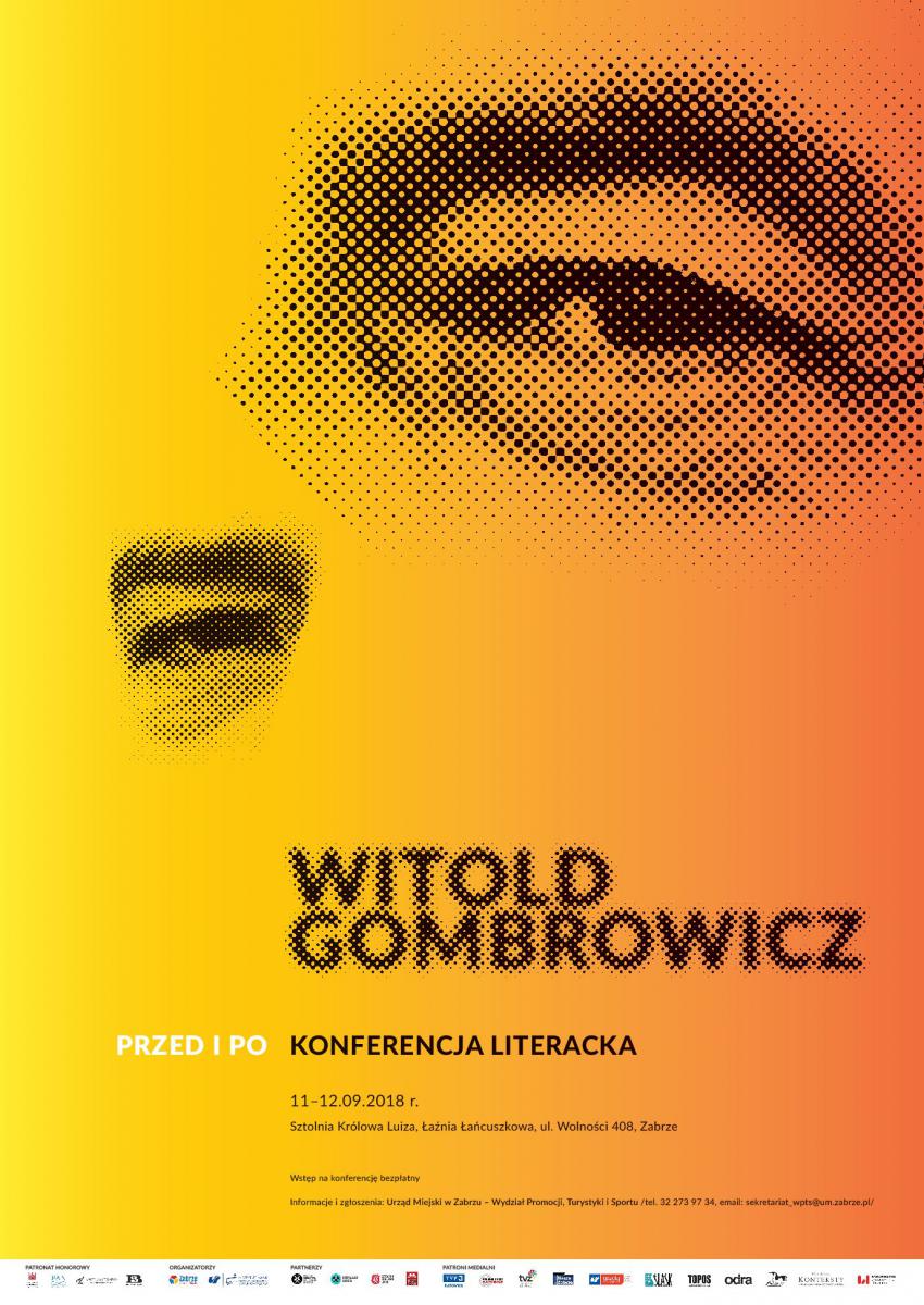 Plakat promujący konferencje "Przed i po. Witold Gombrowicz". Na żółtym tle widać zrobiony czarnym rysikiem zarys oczu Gombrowicza.  Jest też data konferencji, jej tytuł i logo organizatorów