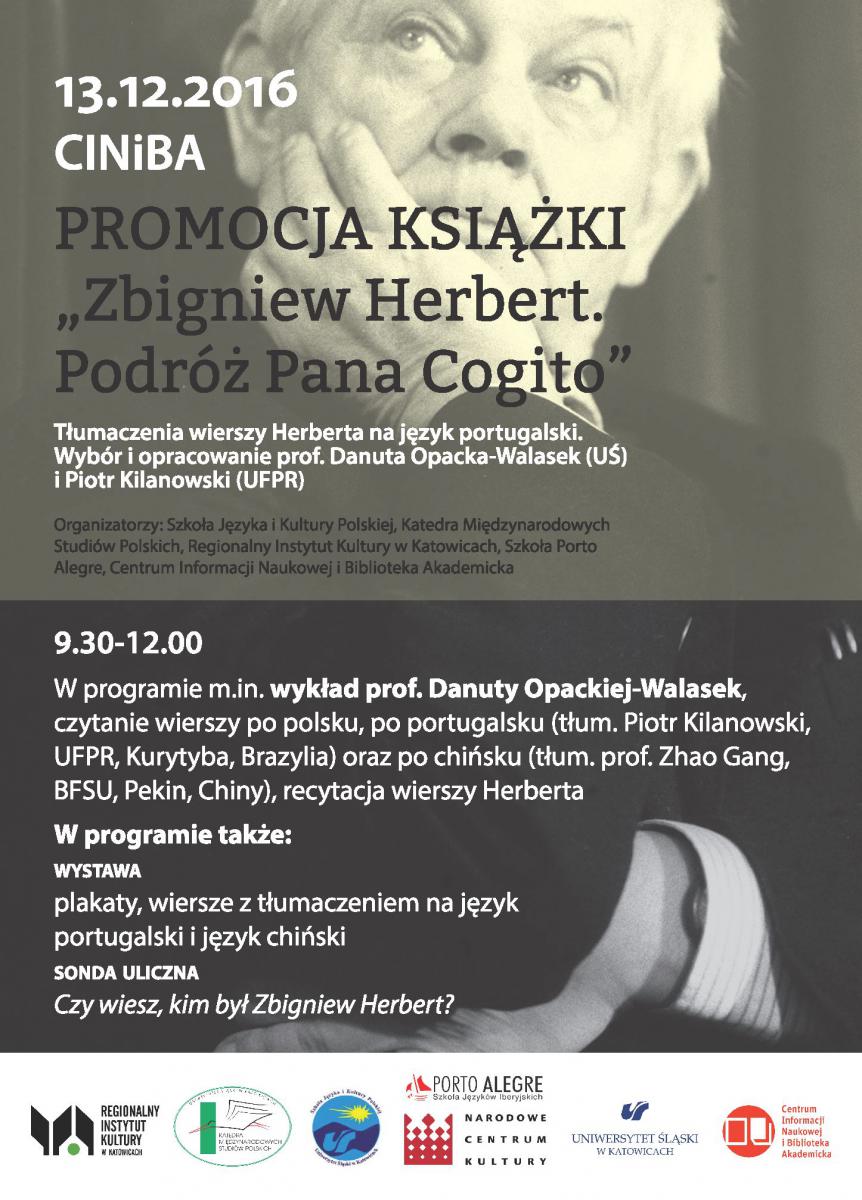 Plakat promujący spotkanie poświęcone książce "Zbigniew Herbert. Podróż Pana Cogito"
