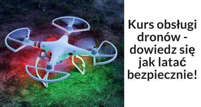 zdjęcie drona i napis: Kurs obsługi dronów - dowiedz się, jak latać bezpiecznie!
