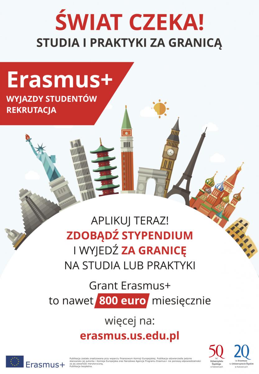 Grafika promująca program Erasmus+. Przeważa kolorystyka biało-czerwona. Napis: Aplikuj teraz! Zdobądź stypendium i wyjedź za granicę na studia lub praktyki. Grant Erasmus+ to nawet 800 euro miesięcznie. Link do strony Erasmusa UŚ. Na grafice najbardziej reprezentatywne budynki europejskich miast