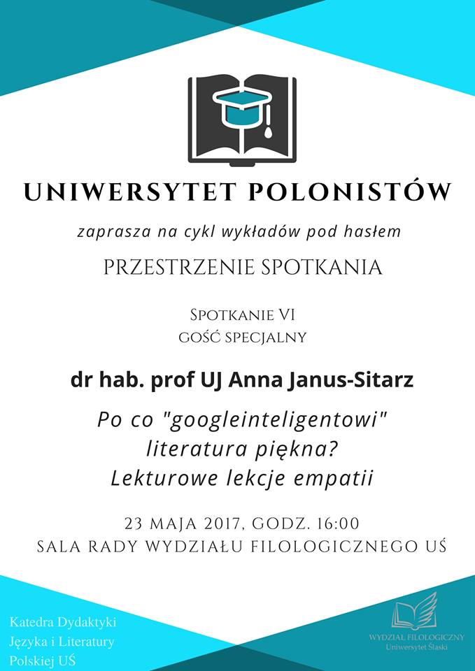 Plakat promujący 6. spotkanie Uniwersytetu Polonistów zawierający nazwisko wykładowcy i tytuł prelekcji