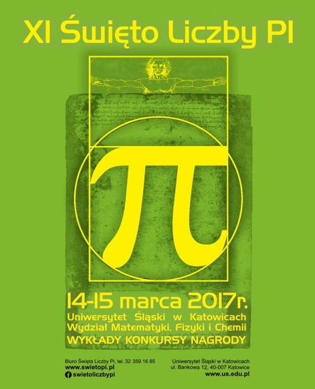 Plakat Święta liczby Pi w kolorze zielony z żółtymi napisami i symbolem liczby Pi