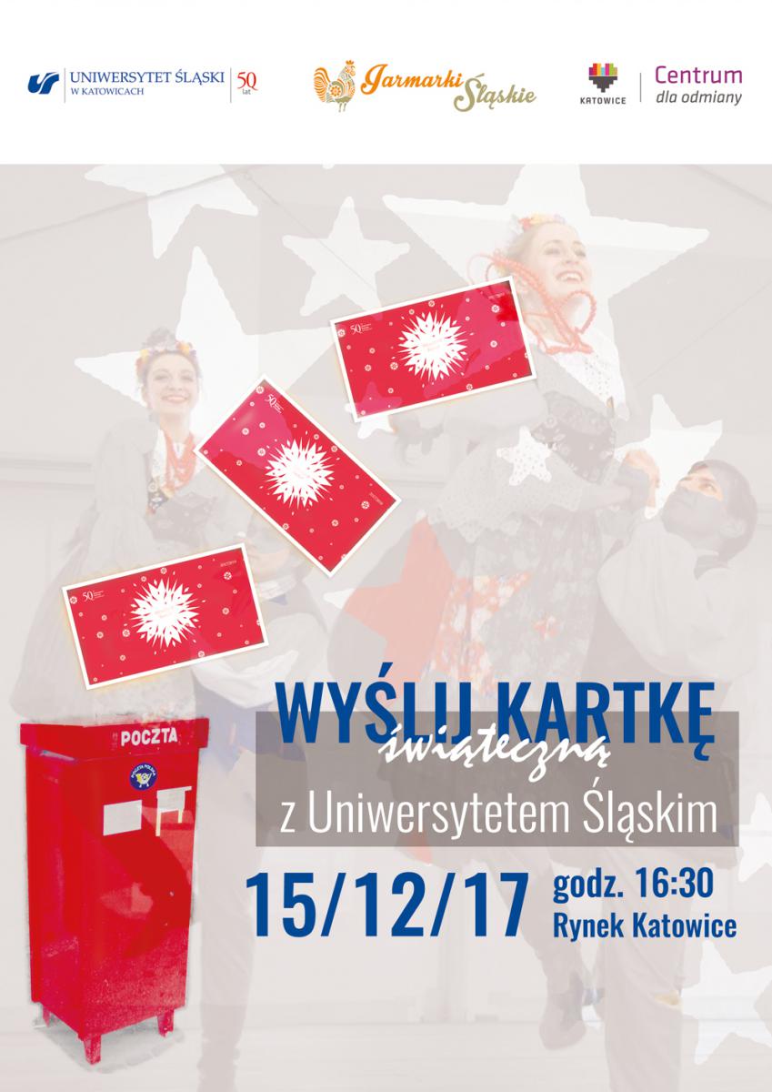 plakat promujący akcję "Wyślij kartkę świąteczną z Uniwersytetem Śląskim" z trzema kartkami i skrzynką pocztową