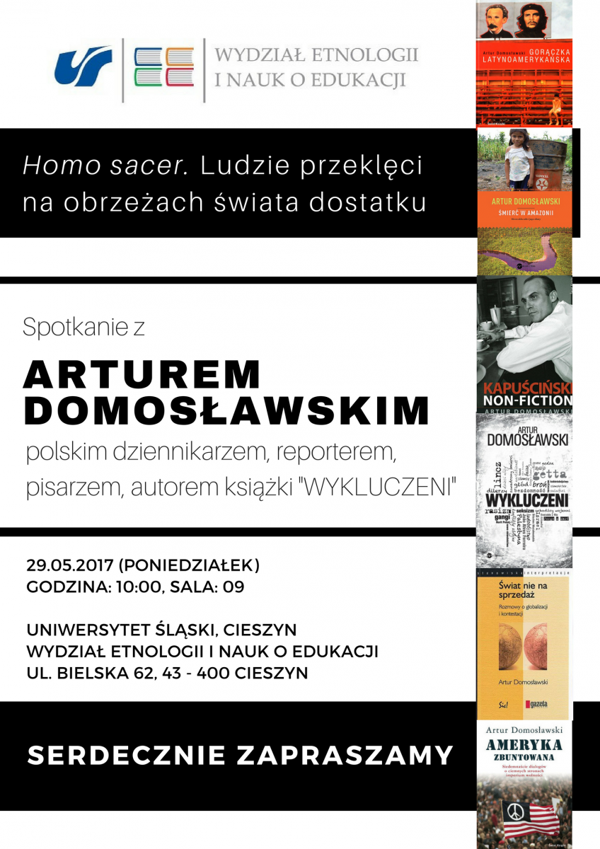 Plakat wydarzenia ze szczegółami nt. spotkania oraz okładkami książek zaproszonego gościa