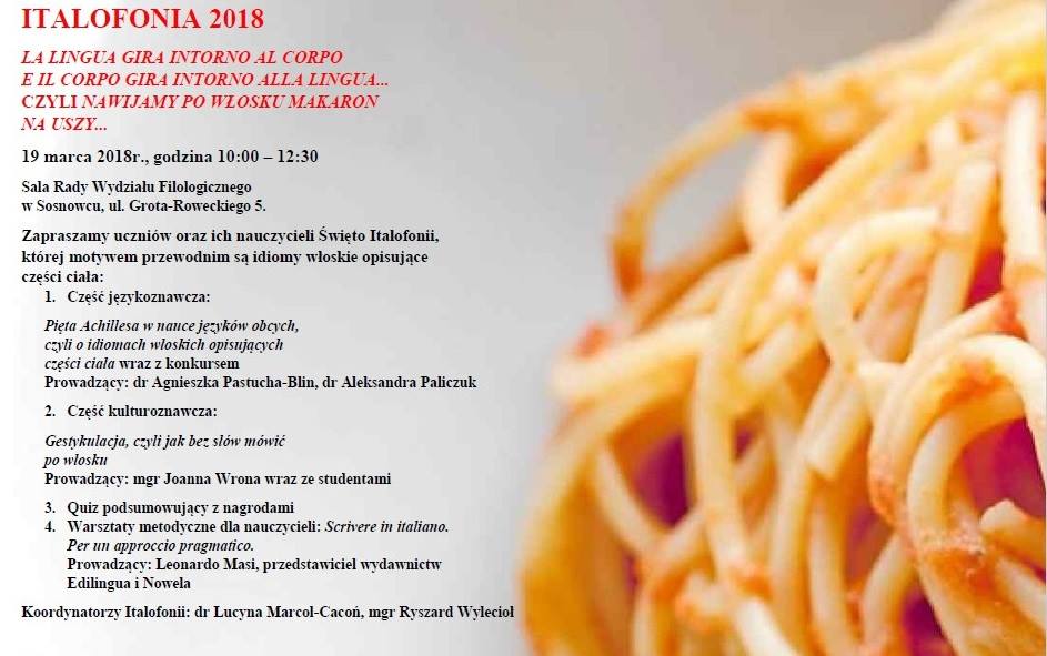 Plakat promujący Italofonię 2018 ze zdjęciem poskręcanego makaronu spagethi i szczegółowym programem wydarzenia