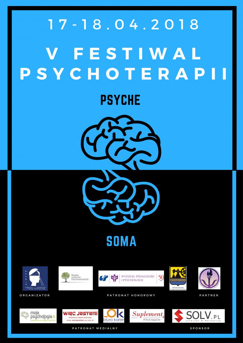 plakat w kolorystyce niebiesko-czarnej promujący V festiwal psychoterapii. Na plakacie dwa ustawnione jeden nad drugim zwoje mózgowe. Nad tym u góry napis psyche, nad tym na dole - soma. Na plakacie znajdują się też logo organizatorow i podstawowe dane dot. wydarzenia