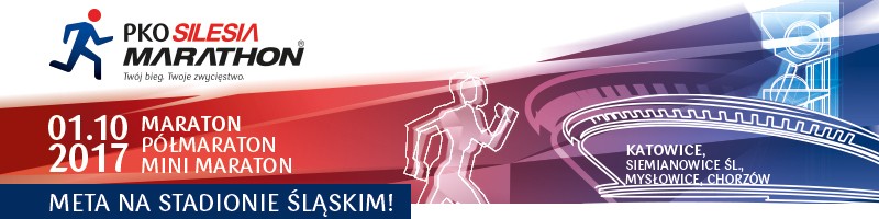 Plakat PKO Silesia Marathon, na czerwonym tle postać biegacza, "Spodka" oraz szybu kopalnianego wraz z datą i nazwą wydarzenia