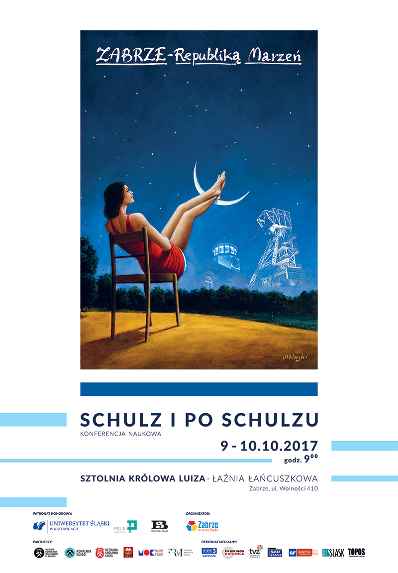 Plakat promujący konferencję. Przedstawia dziewczynę trzymającą nogi na księżycu