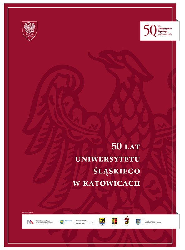 Plansza tytułowa wystawy „50 lat Uniwersytetu Śląskiego”, zawiera tytuł, w tle herb Uniwersytetu Śląskiego 