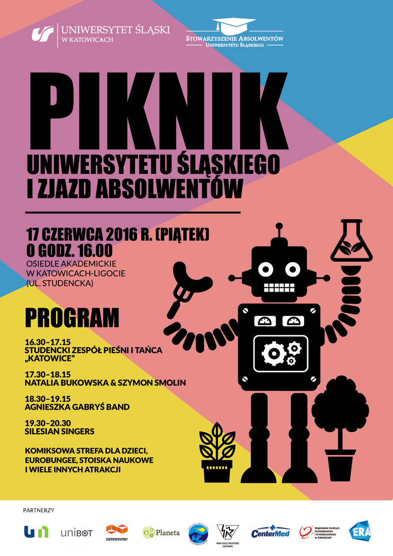 Plakat promujący pikniki i zjazd absolwentów, na kolorowym tle element graficzny w postaci robota 