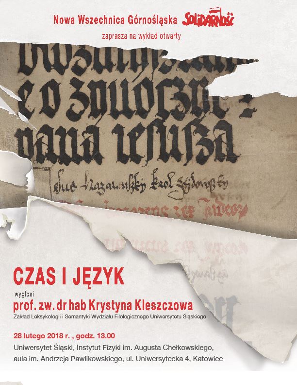 plakat promojący wykład prof. Krystyny Kleszczowej pt. "Czas i język" z fragmentem brązowego starodruku i datą oraz miejscem wydarzenia