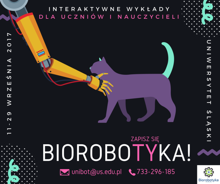 Plakat cyklu wykładów "Biorobotyka": na czarnym tle ręka robota głaszcząca fioletowego kota.