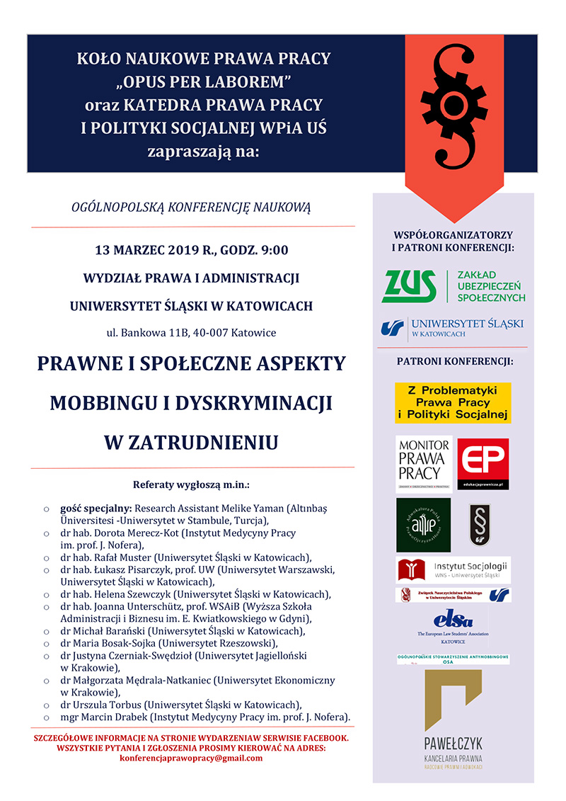 Plakat promujący konferencję „Prawne i społeczne aspekty mobbingu...”