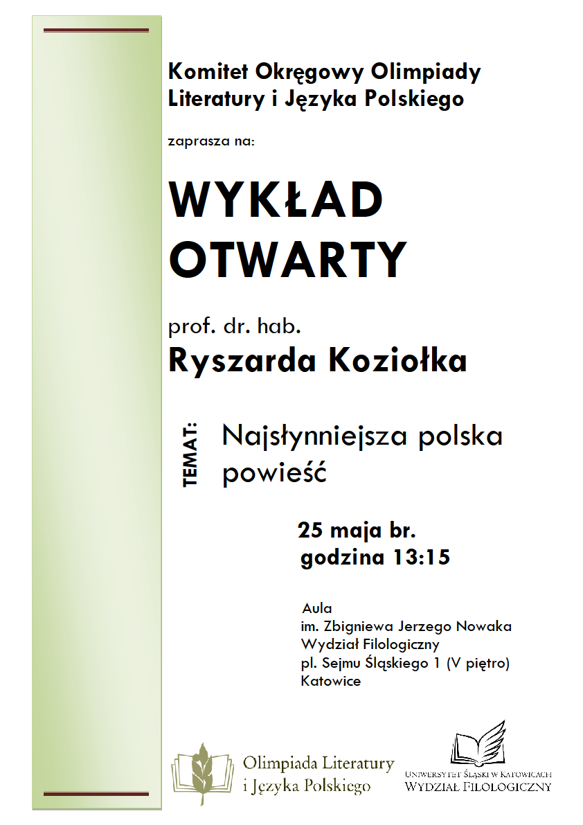 plakat promujący wykład prof. Ryszarda Koziołka