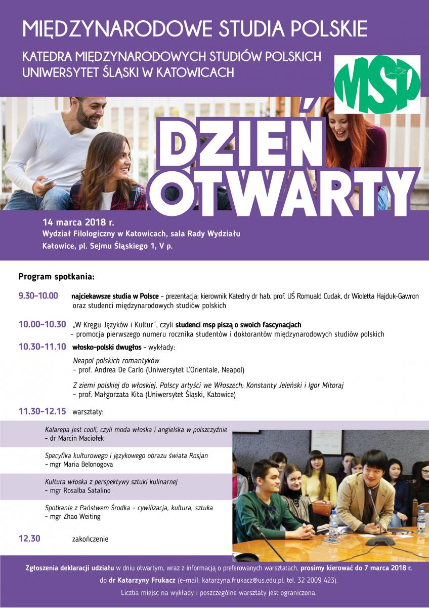 plakat promujący dzień otwarty kierunku  międzynarodowe studia polskie zawierający szczegółowy program oraz dwa zdjęcia, na których widać grupy studentów obcokrajowców siedzących w sali wykładowej