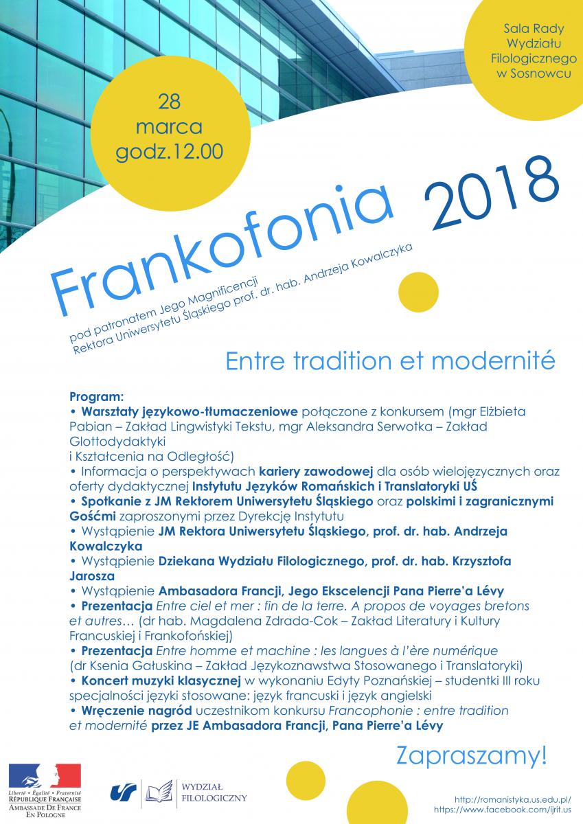 plakat w niebiesko-żółto-białych barwach, z logo organizatorów, fragmentem budynku Wydziału Filologicznego w Sosnowcu oraz programem wydarzenia